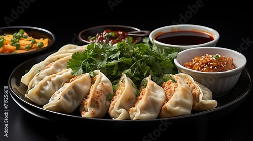 Traditional Asian mandu or dumplings on a serving platter with assorted sauces and side dishes on a dark background. Concept: international cuisine and recipes. 