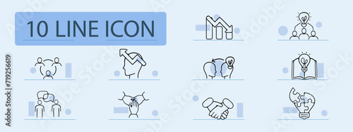 Group work set line icon. Corporation, idea generation, team, brainstorming, training, advanced training. Pastel color background. Vector line icon for business and advertising