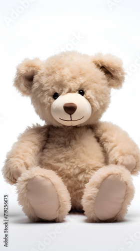 Brown teddy bear. Plain white background.