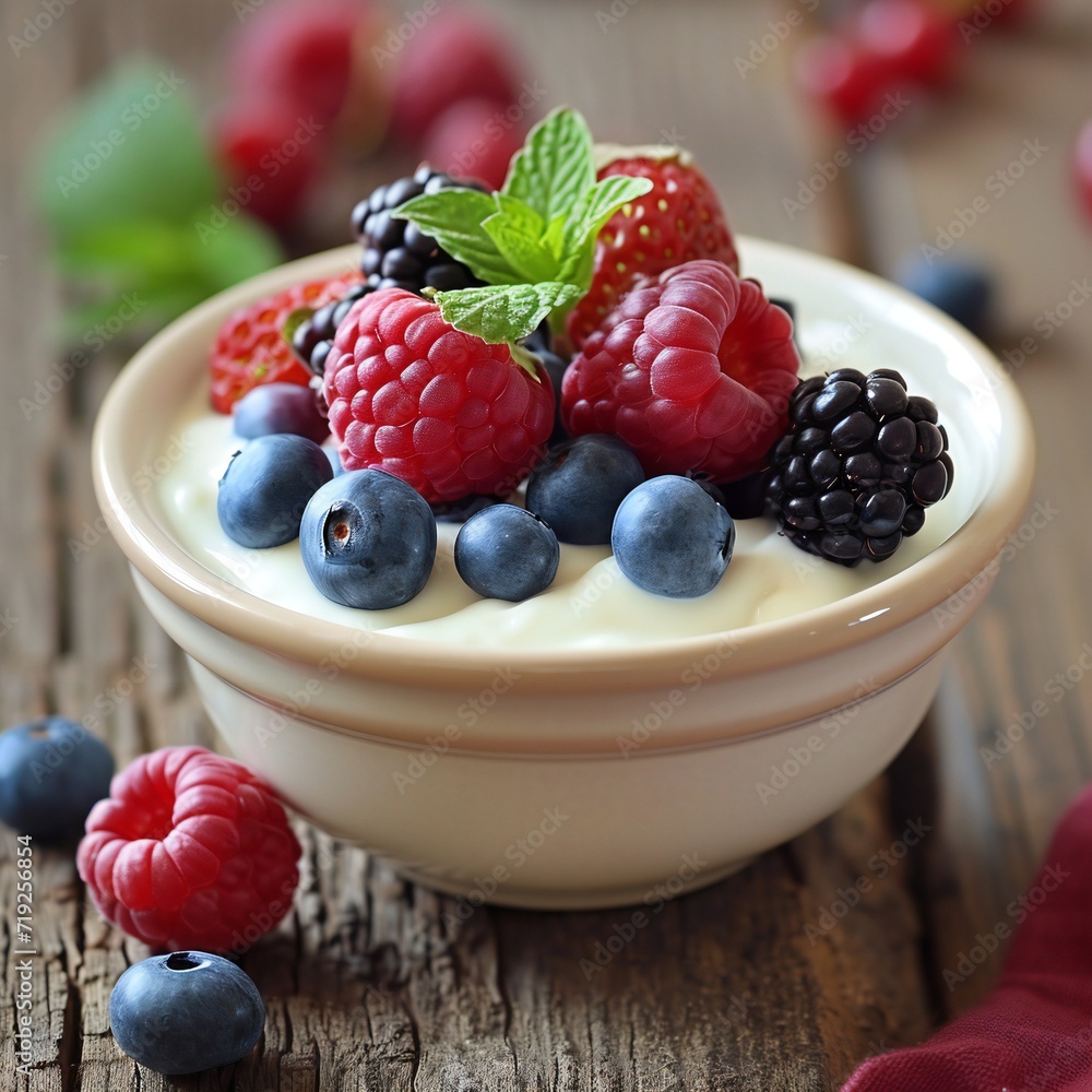 Bowl of fresh mixed berries and yogurt with farm fresh strawberries, blackberries and blueberries served on a wooden table. Bowl of fresh mixed berries and yogurt with farm fresh strawberries, blackberries and blueberries served on a wooden table.