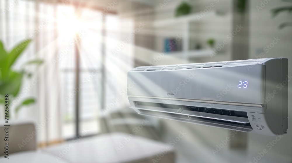 General air conditioner with modern bright living room background General air conditioner with modern bright living room background