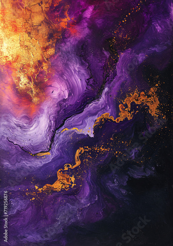 Mystical cosmic scene with vibrant purple hues and golden sparks. photo