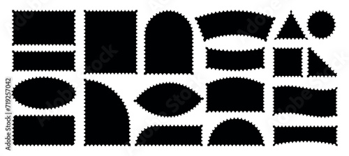  Set of postcard template. Pattern border of rectangle, oval, circle, zigzag flag, scallop. Swiss design elements in retro style. Simple vector design of geometric shapes.