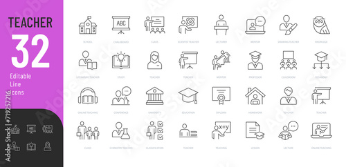 Teacher Line Editable Icons set. Vector illustration in modern thin line style of education related icons: teachers of scientific subjects, literature and arts, learning process, and more. 