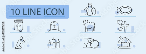 Religion set line icon. Angel, halo, prayer, bread, communion, gazebo, bible, cross, heart, candles. Pastel color background. Vector line icon for business and advertising