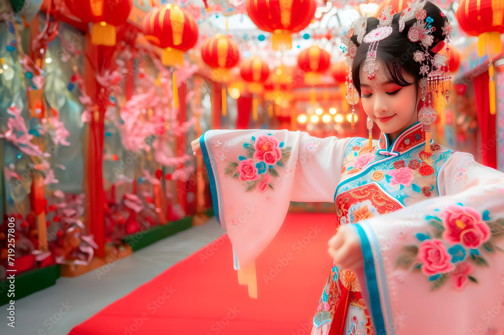 Fototapeta premium A Chinese girl in a national costume for a traditional dance. Chinese New Year