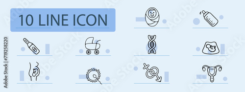 Women's health set line icon. Pregnancy, pills, medicine, treatment, embryo, uterus, baby. Pastel color background. Vector line icon for business and advertising