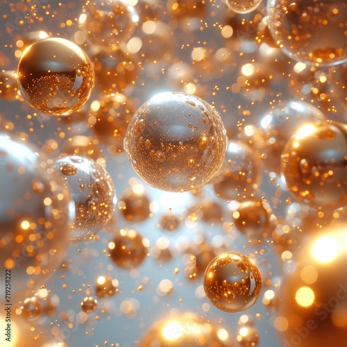 Golden Gauzy Crystalline Meta Spheres Floating, 3d illustration