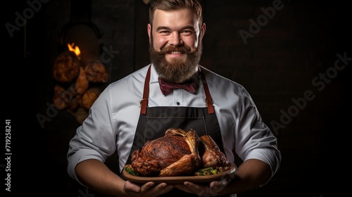 A man who has a ginger beard is wearing an apron and gloves while holding meat and a knife.