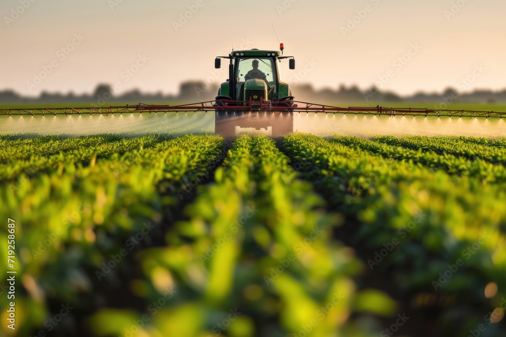 Farmers on tractors spray pesticides on corn fields Farmers on tractors spray pesticides on corn fields