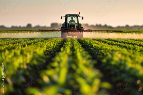 Farmers on tractors spray pesticides on corn fields
