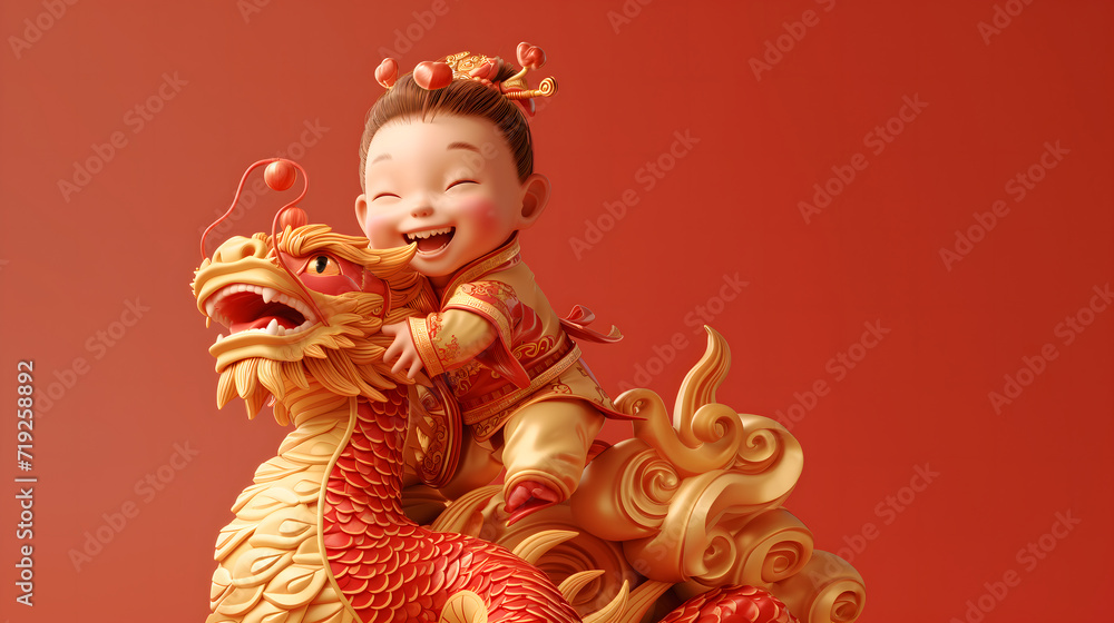 Chinese New Year seasonal social media background design with blank space for text. A cute happy Chinese boy in traditional outfit is hugging a dragon on red background. Red and gold color scheme.