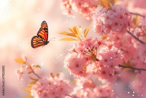 Spring banner background with many beautiful flowers and butterflies.