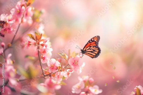 Spring banner background with many beautiful flowers and butterflies.