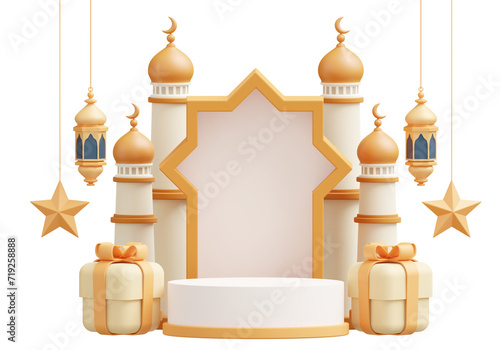 3d ramadan icon with gift box, lantern and star, mosque dome and podium