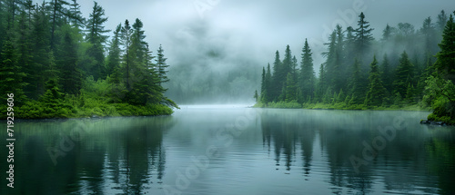 Misty foggy covering a fir forest, Pine tree Forest over a beautiful lake. panorama view.