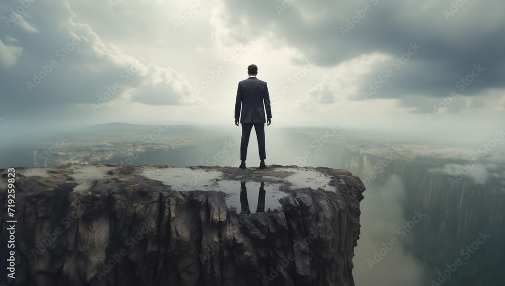 Businessman guy in a suit standing on a cliff risking falling down