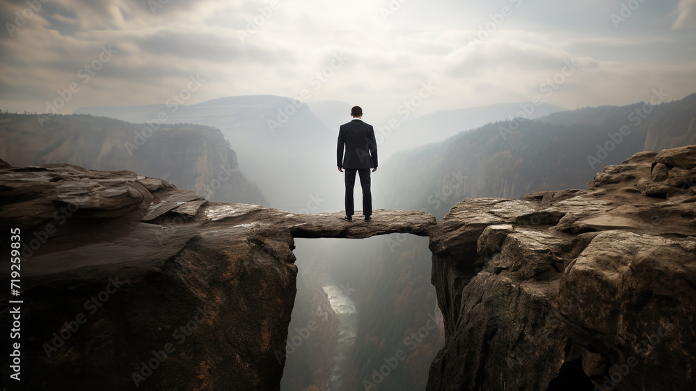Businessman guy in a suit standing on a cliff risking falling down