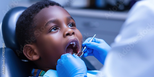 African-American boy in dentistry. People treatment teeth, medical checkup concept. Chind scared shocked woman with open mouth sitting in dentist's chair while having oral care