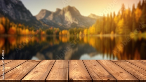 The empty wooden table top with blur background of lake and mountain in autumn. Exuberant image. generative ai photo