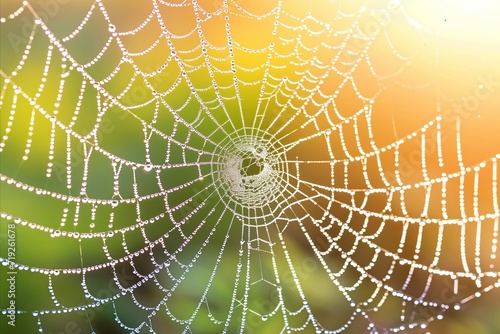 Glistening spider s web with intricate patterns and vibrant dewdrops illuminated by sunlight. © Ilja