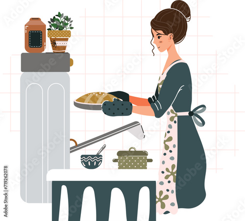Woman baking bread in kitchen, preparing homemade loaf with oven mitts. Young female cook in apron showcasing cooking skills at home.