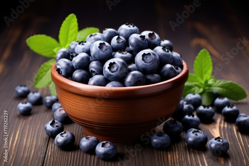 Fresh blueberries in a bowl on a wooden background, Blueberry banner, Ai generated