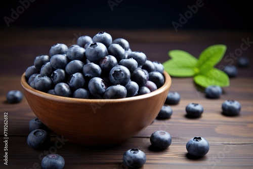 Fresh blueberries in a bowl on a wooden background, Blueberry banner. Bowl full of blueberries. Close-up food photography background Ai generated