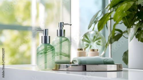 Refreshing green bathroom accessories on marble counter with natural light. Harmony and cleanliness concept.  