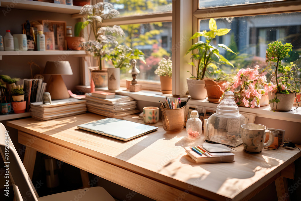 Cozy interior of a modern workplace with a laptop at home in Scandinavian style Cozy interior of a modern workplace with a laptop at home in Scandinavian style