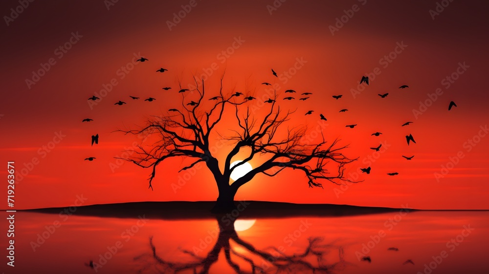 Silhouette dead tree and birds flying on sunset on red sky. Background for peaceful and tranquil concept. Light for hope and spiritual. Awakening and inspiration concept. Soul and respect concept. Silhouette dead tree and birds flying on sunset on red sky. Background for peaceful and tranquil concept. Light for hope and spiritual. Awakening and inspiration concept. Soul and respect concept.