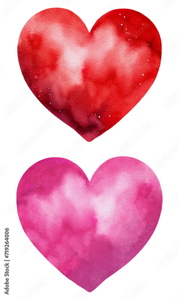 watercolor hearts, pink and red watercolor hearts isolated on transparent background