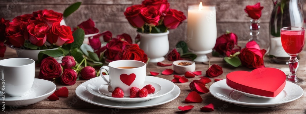 Breakfast table setting for saint valentine's day with hearts. Holiday love concept Breakfast table setting for saint valentine's day with hearts. Holiday love concept