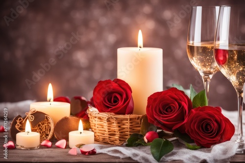 table setting for dating. saint valentine s day love concept with hearts and candles