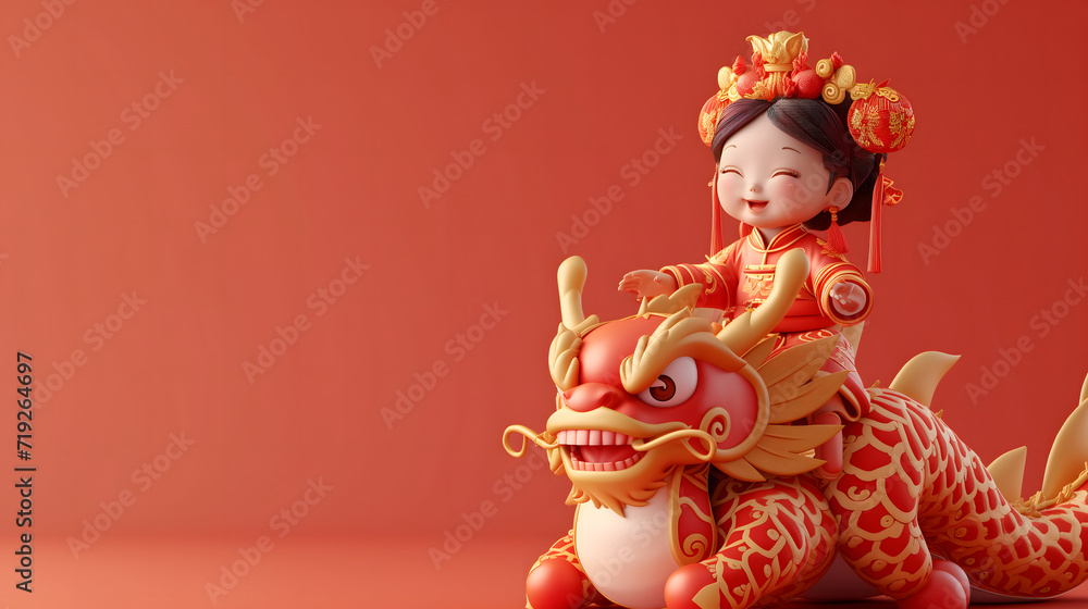 Chinese New Year seasonal social media background design with blank space for text. A cute happy Chinese girl in traditional outfit is sitting on a dragon on red background. Red and gold color scheme.