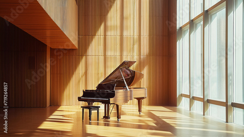 Classic grand piano in aesthetic minimalist style room interior full of light. Peach fizz colour palette. Generative AI photo