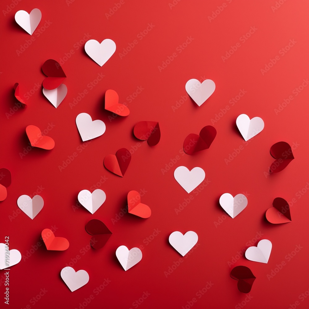valentines cut out of paper in the shape of a heart laid out chaotically on a red background. 