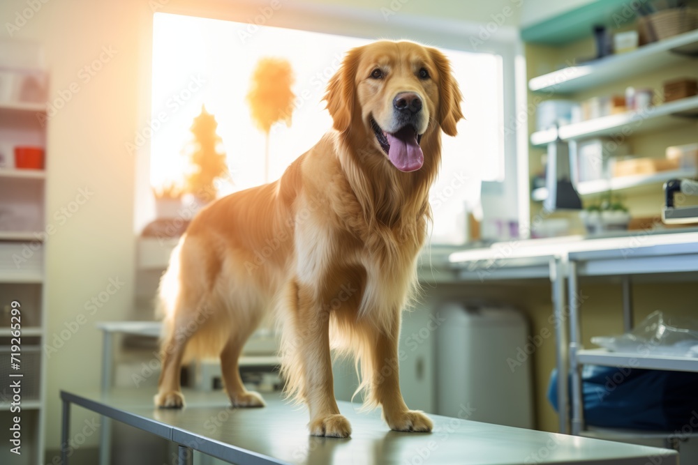 golden retriever in the veterinarian's office. The dog stands on the examination table - obrazy, fototapety, plakaty 
