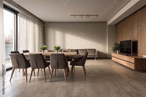 Modern interior design of apartment, dining room with table and chairs, empty living room with beige wall, panorama.