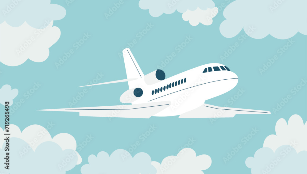 flying plane in the clouds in flat style, vector