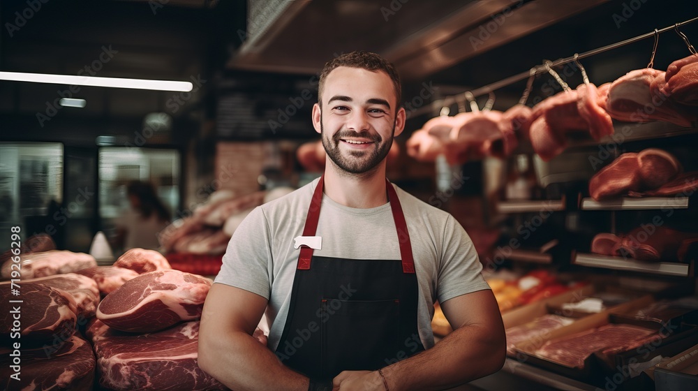 Raw lamb ribs are being held by a young butcher inside a butcher shop Raw lamb ribs are being held by a young butcher inside a butcher shop
