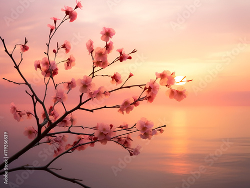 sunset with sakura trees on the background of the sea photo