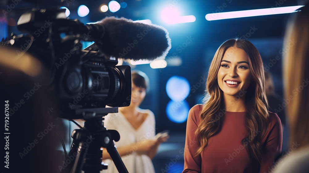 The two young women on the set for a tv interview are focused on women's tv studios. The two young women on the set for a tv interview are focused on women's tv studios.