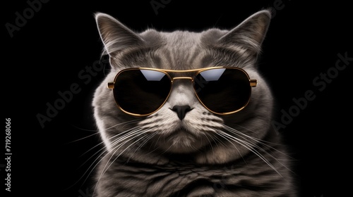 Fényképezés cat  with Sunglasses on isolated black background, funny animal, cur cat portrai