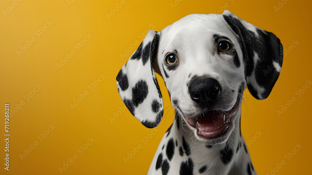 Dalmatian isolated on yellow background with copy space. Close up portrait of happy smiling dog face head looking at the camera. Banner for pet shop. Pet care and animals concept for poster, print ads