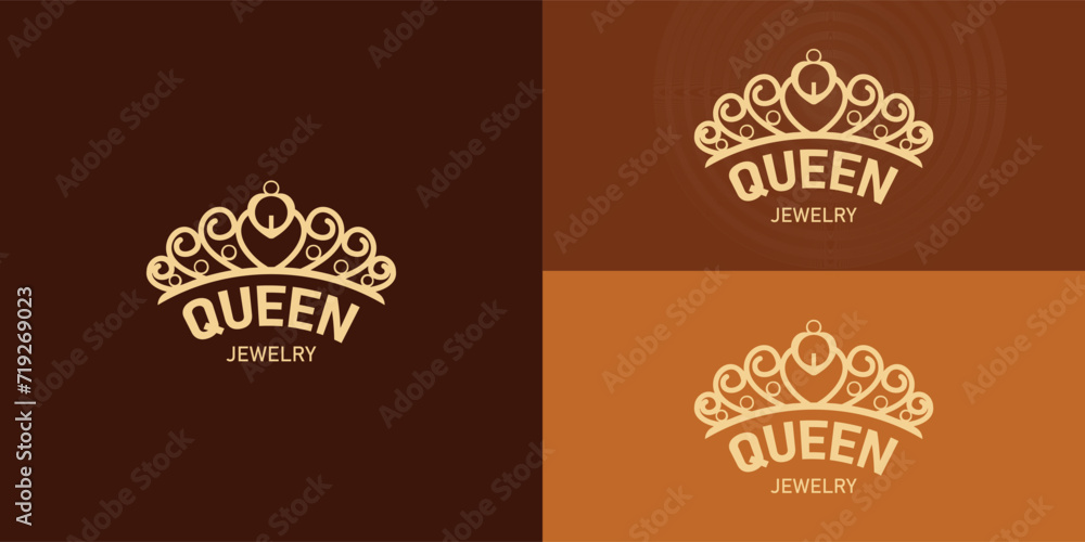 Queen Crown Logo applied for the jewelry business. Vintage Elegant Gold Tiara Logo Illustration presented with multiple background colors. The logo is suitable for jewelry logo design inspiration