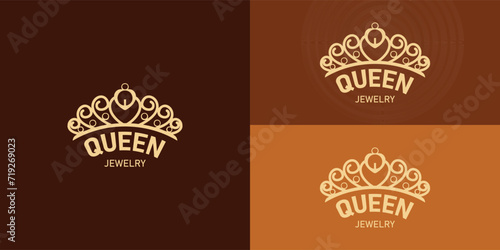 Queen Crown Logo applied for the jewelry business. Vintage Elegant Gold Tiara Logo Illustration presented with multiple background colors. The logo is suitable for jewelry logo design inspiration