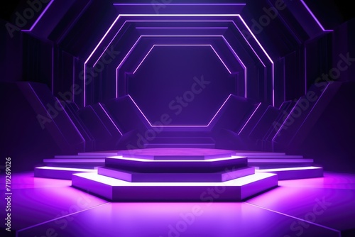 Abstract round podium illuminated with purple neon lights