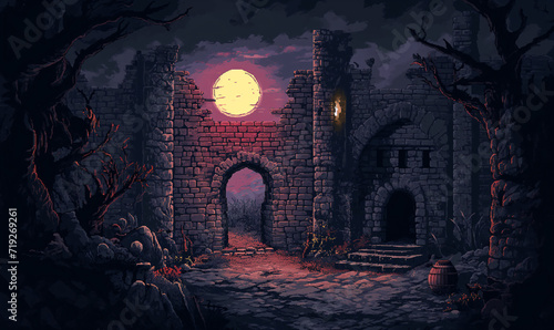 pixel art of old castle dungeon background battle scene in RPG old school retro 16 bits  32 bits game style