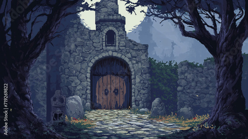 pixel art of old castle dungeon background battle scene in RPG old school retro 16 bits, 32 bits game style photo